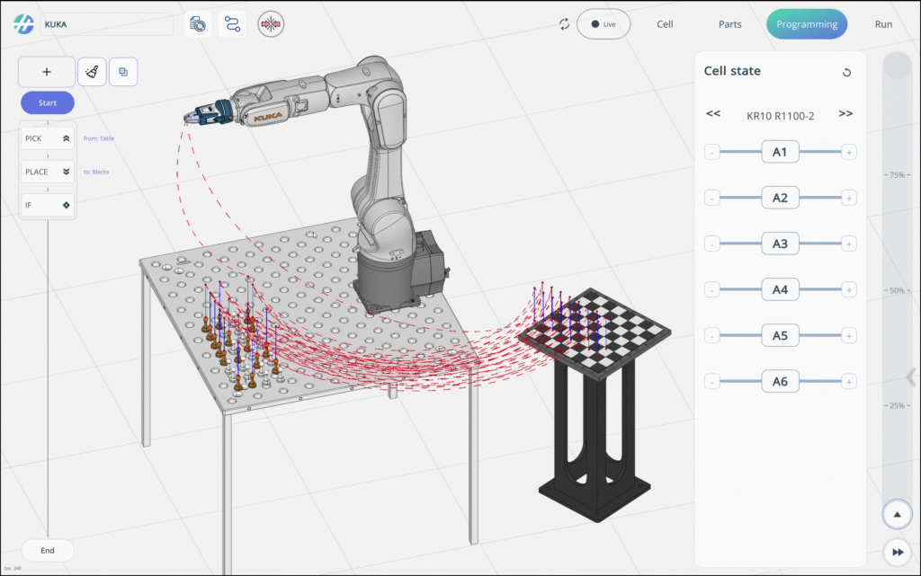 A robotic arm performs a pick-and-place operation on a table.