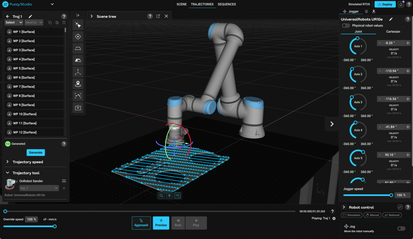 A robotic arm manipulates a design on a digital workspace.