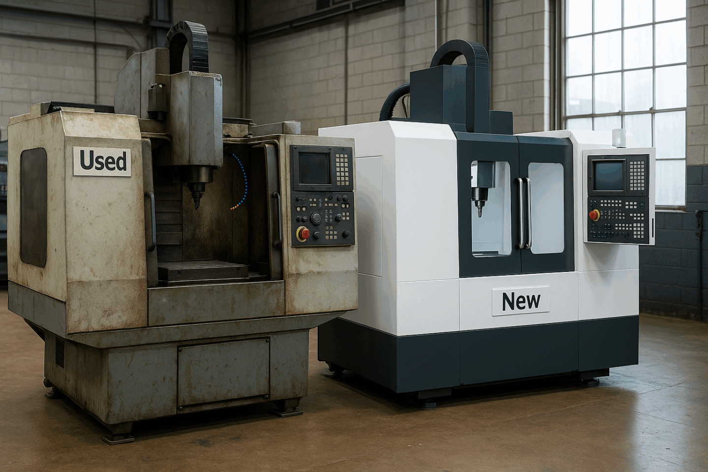 A modern CNC machine stands next to an older model in a workshop.