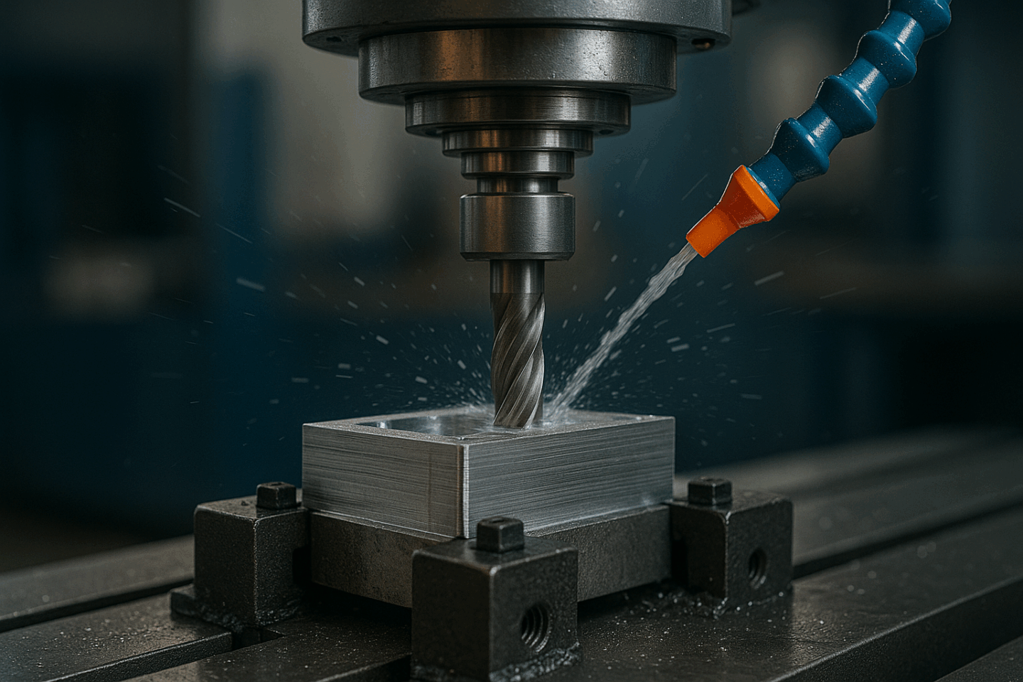 A drill bit machining a metal block with coolant spraying.