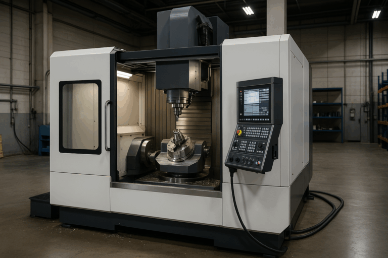 A CNC machine operates on a metal workpiece in a workshop.