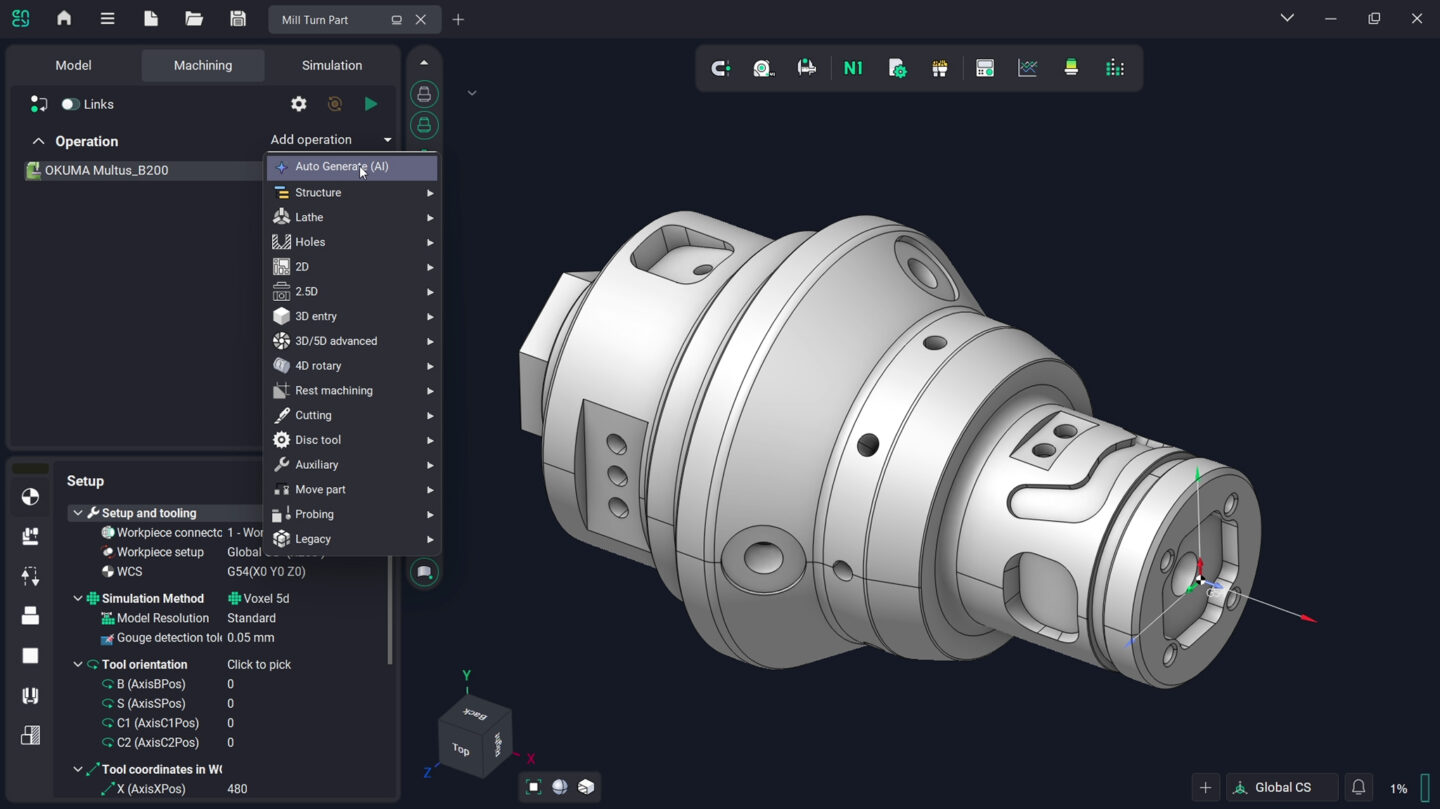 A 3D model of a mechanical part displayed in an AI process planner.