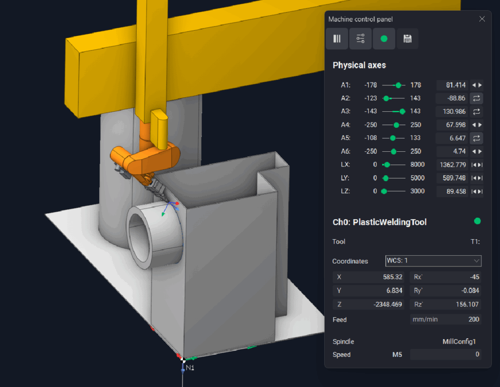 A robotic arm is positioned above a component in a 3D model.