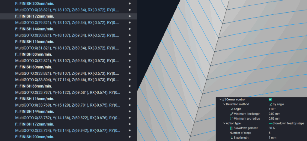 A graphical user interface displays corner feed control options.