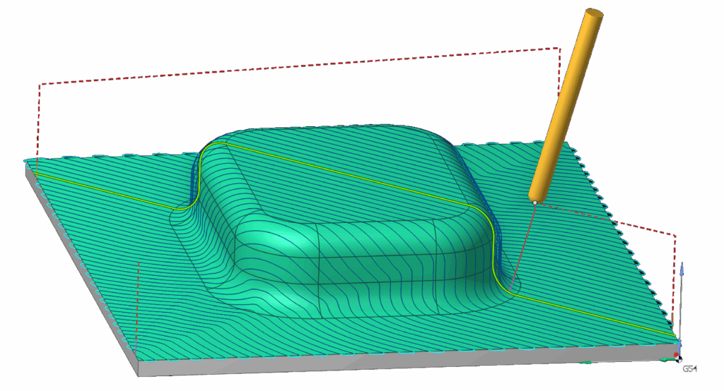 An advanced 5D surface operation illustrates a machining process.