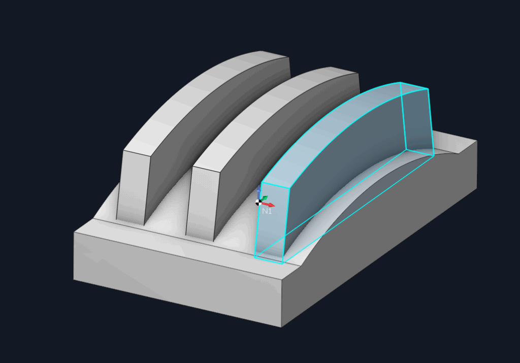 3D model showing a curved shape being created with a tool.