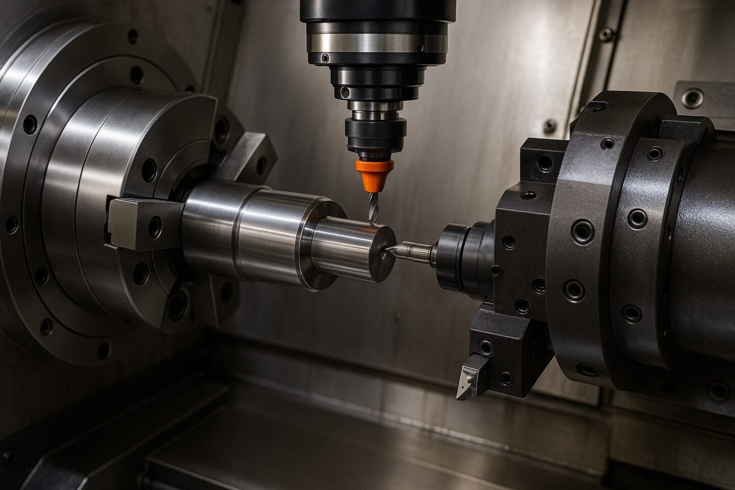 A precision machining tool is actively working on a metal part.