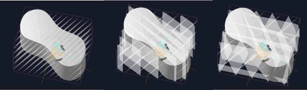 3D model displaying infill patterns within a grid structure.
