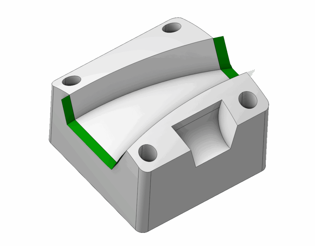 A 3D model of a mechanical part featuring curved surfaces and grooves.