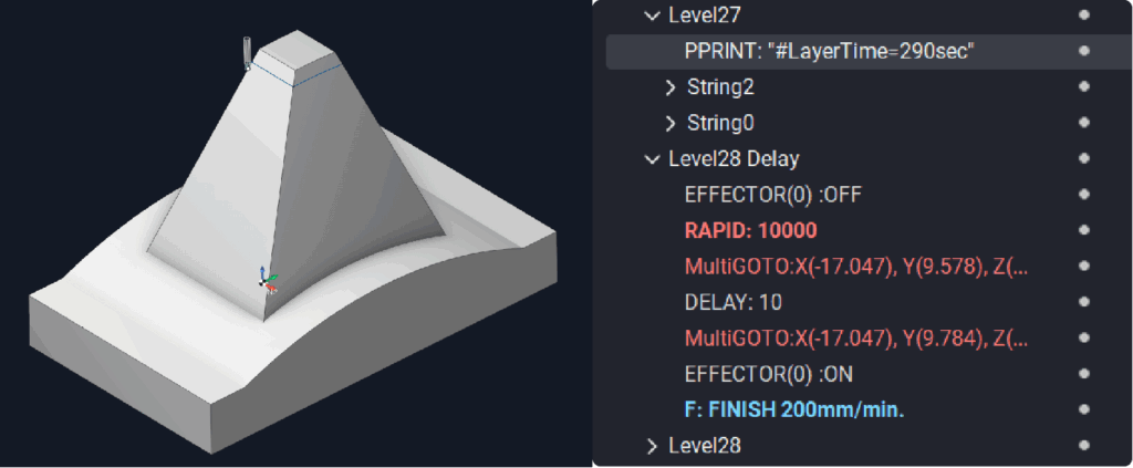 A 3D model display of a layered object with printing parameters.
