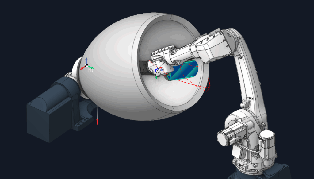 A robotic arm performs machining inside a cylindrical object.