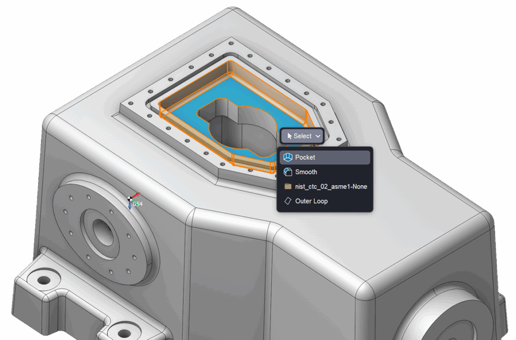 A 3D model displays a component with a highlighted selection tool.
