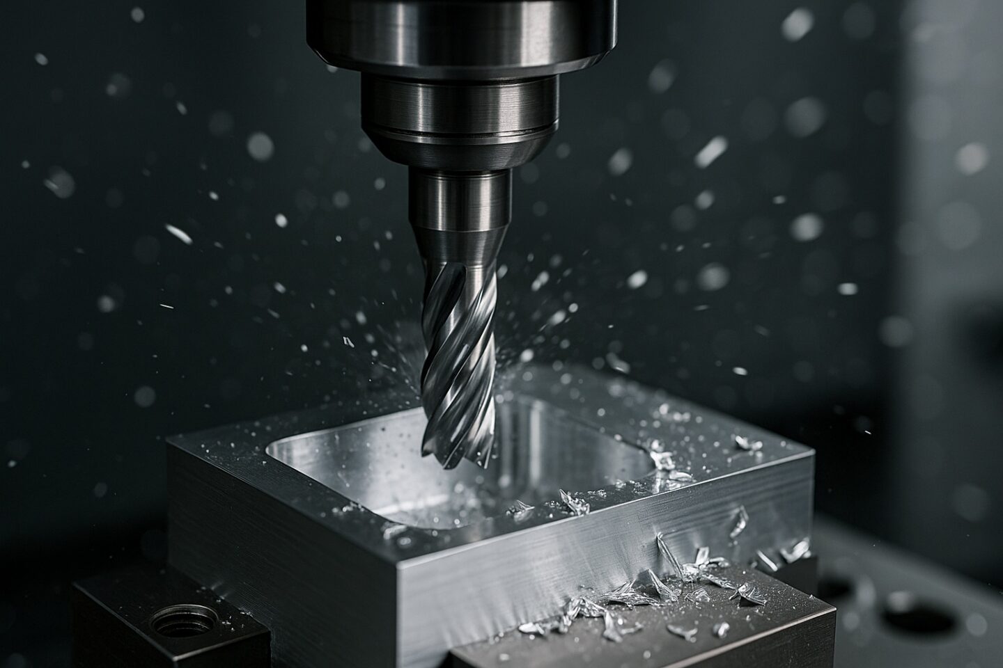 A milling machine drill bit carves into a metal block, creating sparks.