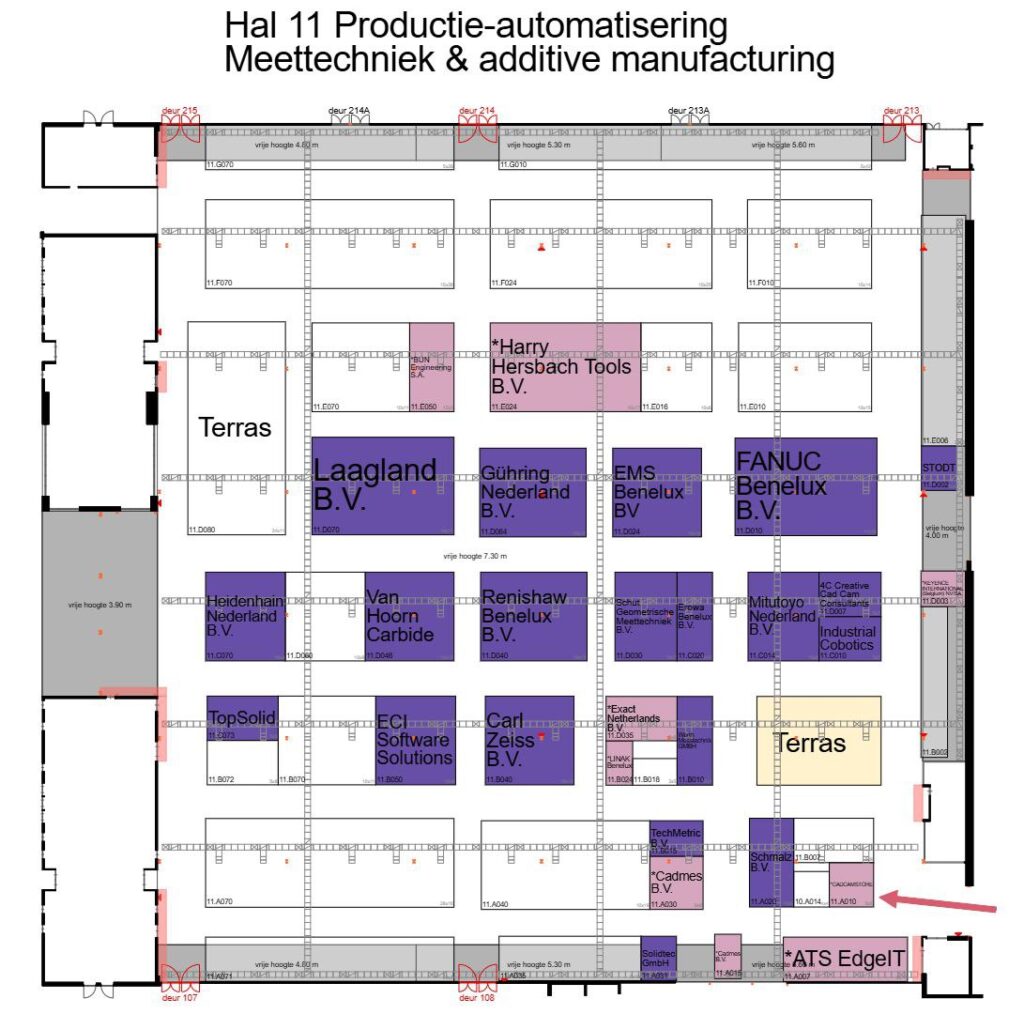A detailed floor plan for Hall 11, showcasing various exhibits and sections.