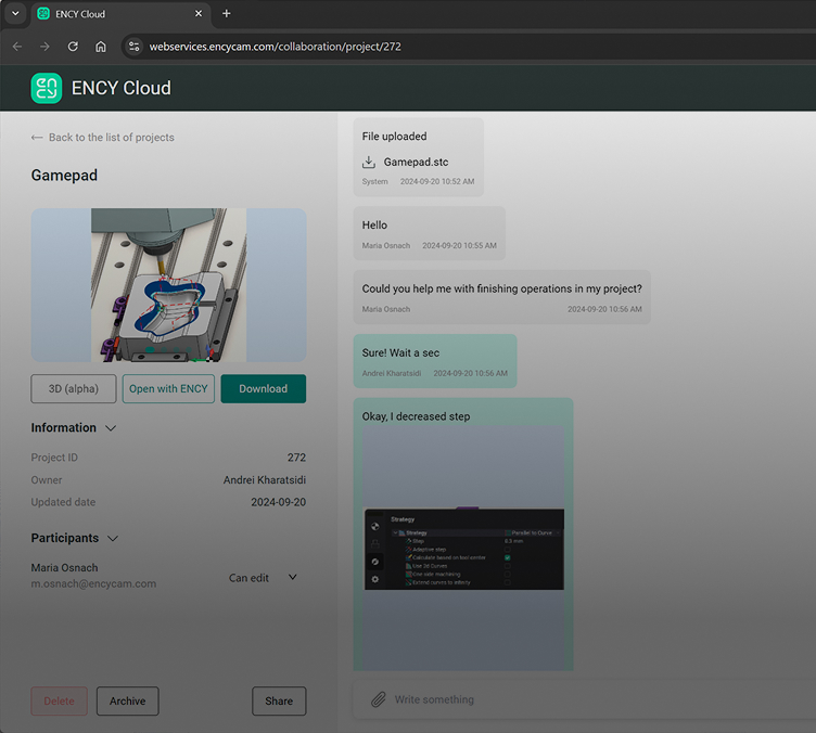 A user is interacting with the ENCY Cloud product interface online.
