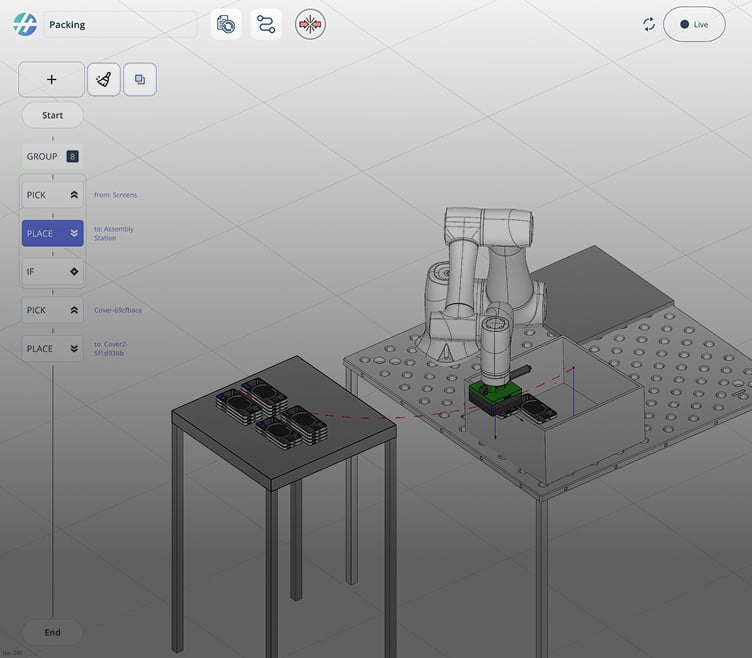 A 3D modeling interface displays a robotic assembly process.