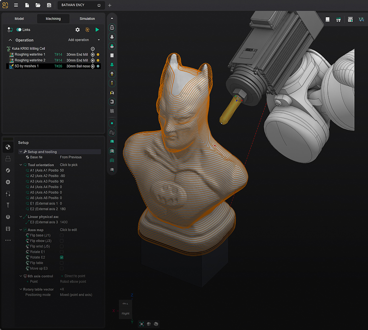 A 3D model of a robotic bust is being processed in design software.
