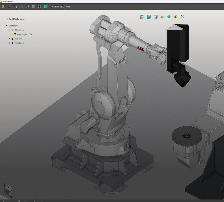 A robotic arm interacts with a cylindrical object in a 3D design software.