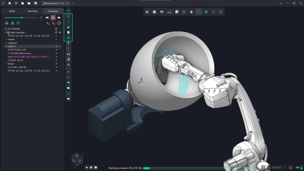 A digital simulation showing a robotic arm painting a sphere.