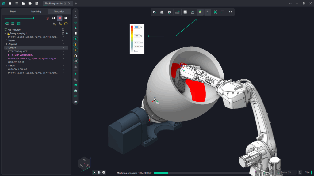 A digital simulation of a robotic arm painting a spherical object.