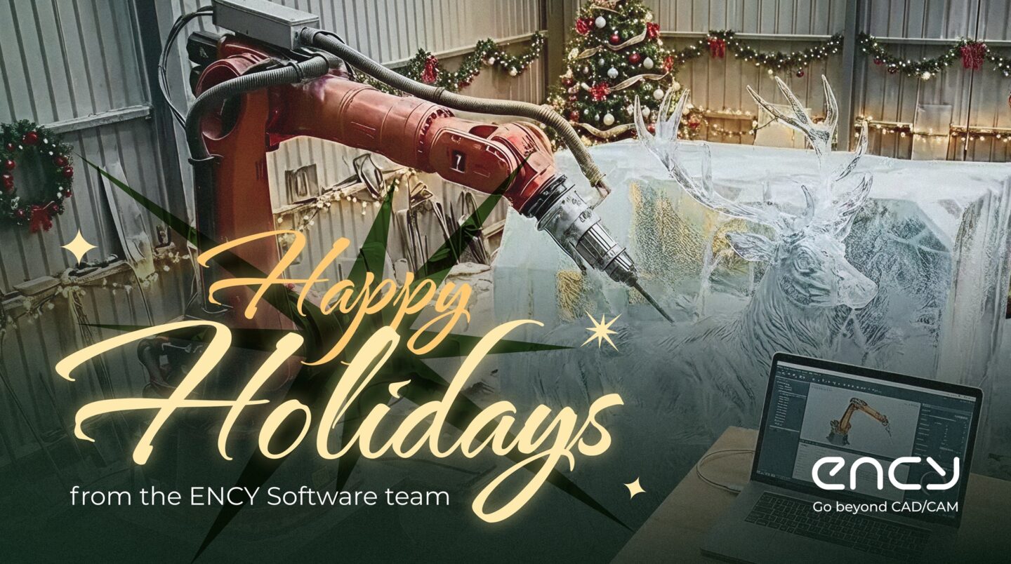A festive robot decorates a holiday-themed workspace with cheer.
