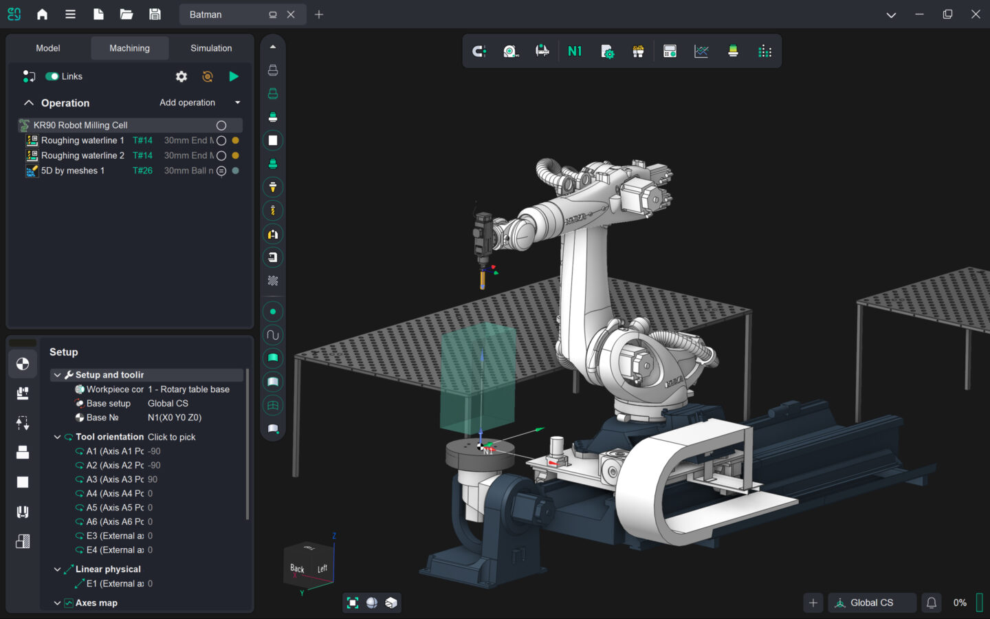 A robotic arm performs post-processing and verification tasks in a software interface.
