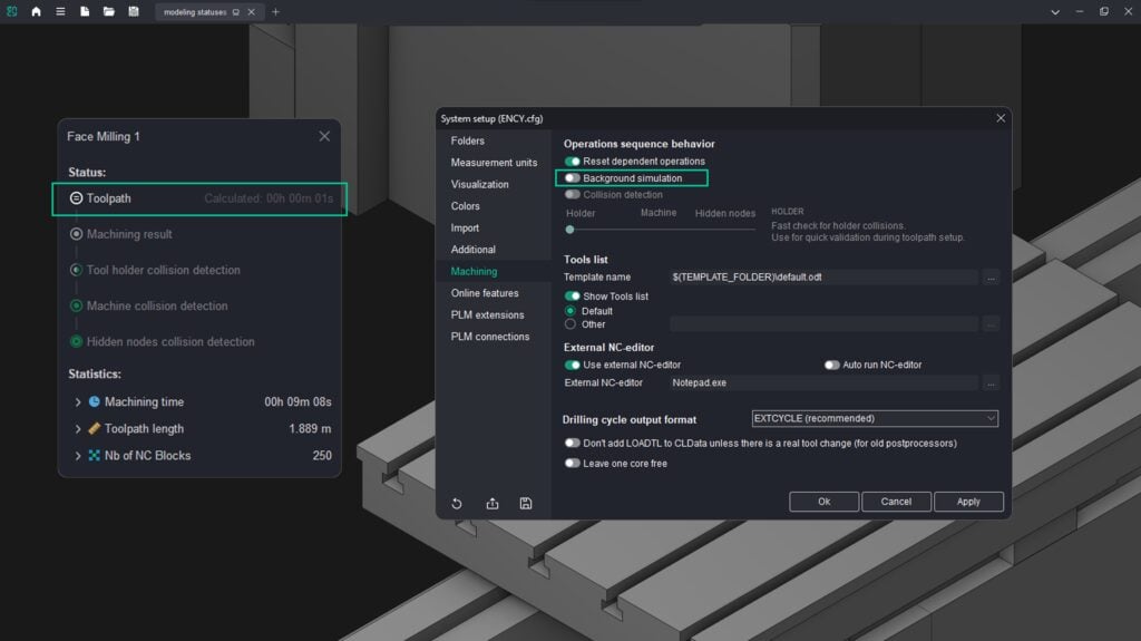 Disabling background machining simulation