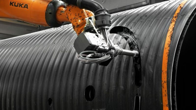Six-axis collaborative robot arm performing automated welding on steel assembly with sparks flying