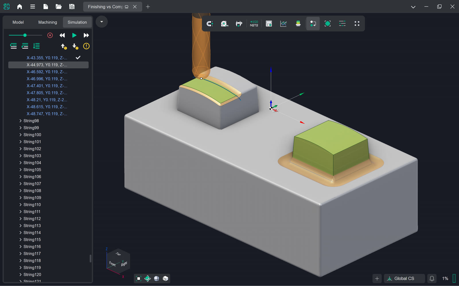 ENCY 3 simulation view of a Combo Finish operation on a curved part