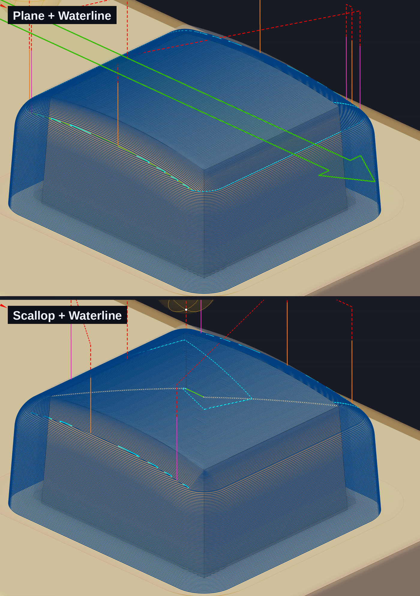 Complex operation vs Combo Finish Plane plus Waterline — same part, cleaner combined toolpath