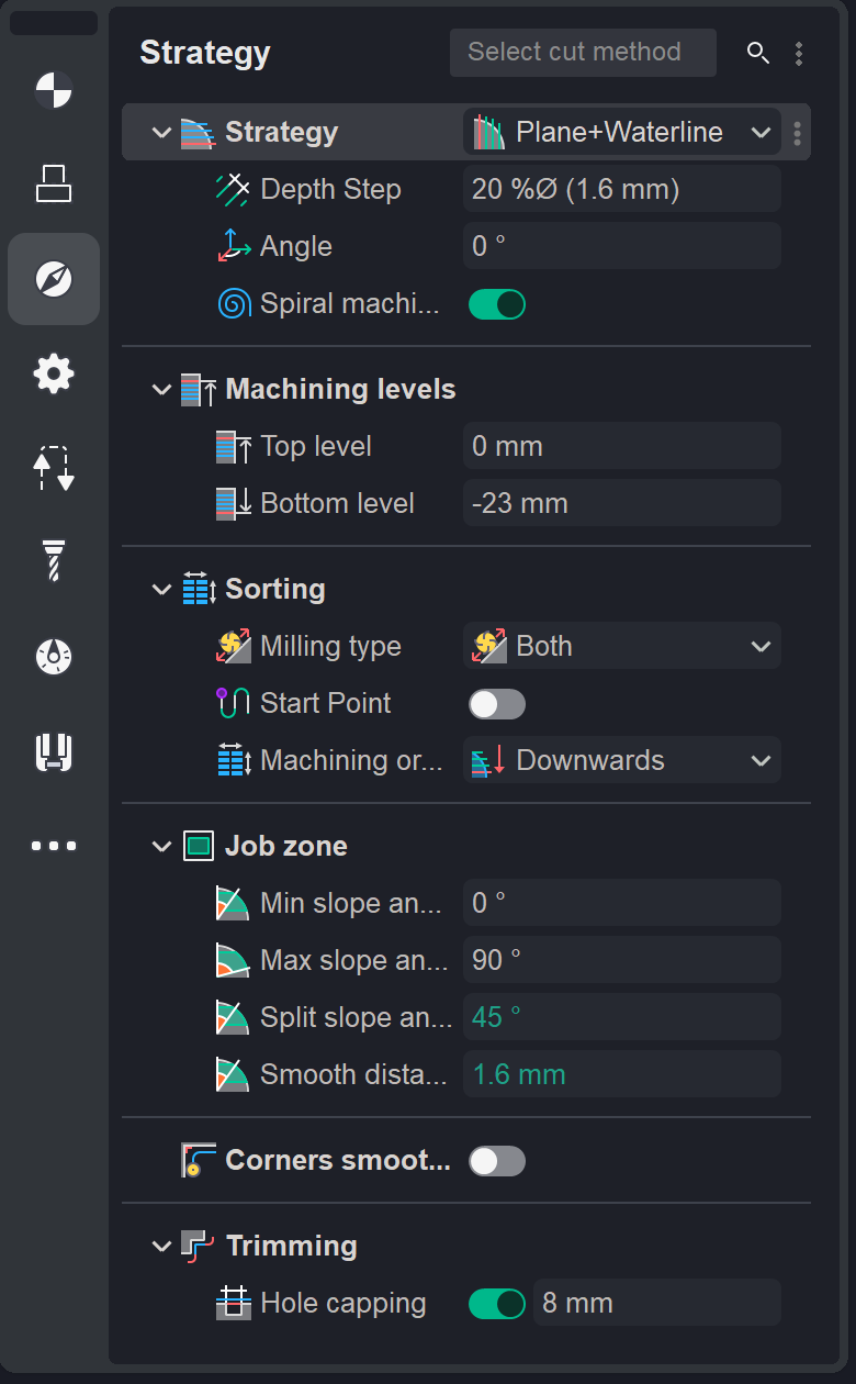 Strategy panel of the Combo Finish operation with its parameters