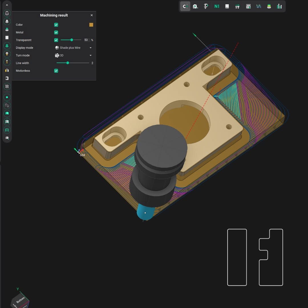 Screenshot of CNC milling simulation in ENCY CAM software showing a rectangular metal bracket with circular pocket and bolt holes being machined