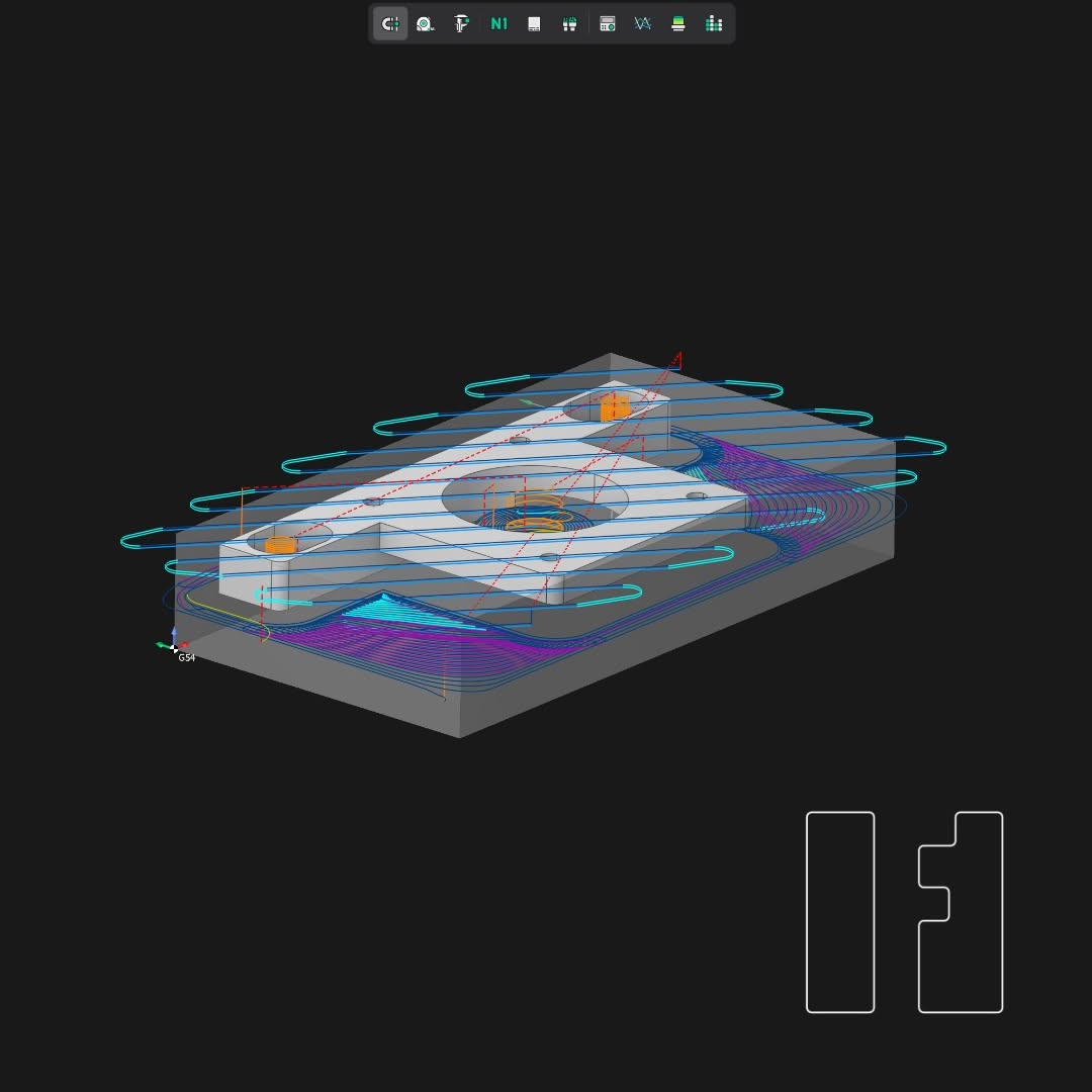 Digital simulation of a 3-axis CNC milling operation with toolpaths overlaid on a metal block