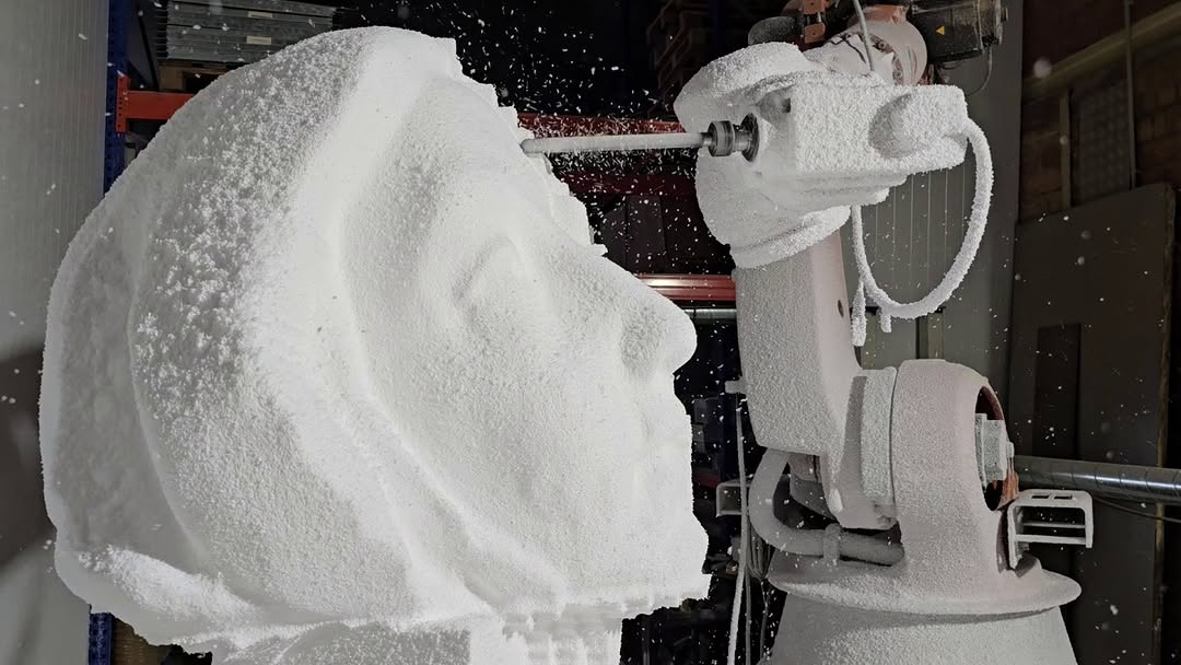 Industrial six-axis robotic arm performing subtractive milling on foam block, sculpting a human head model