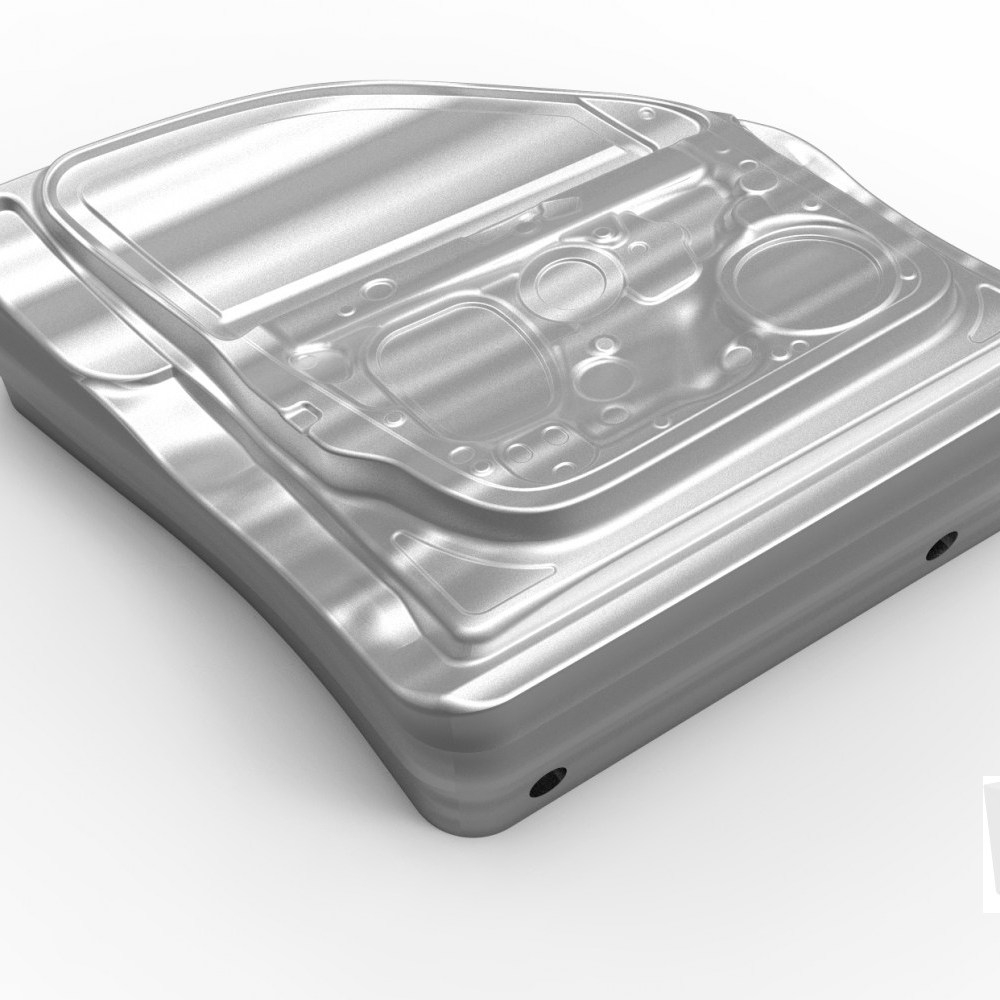 Close-up of a stamped metal sheet panel with formed flanges, bead lines, and recessed areas, typical of automotive press forming