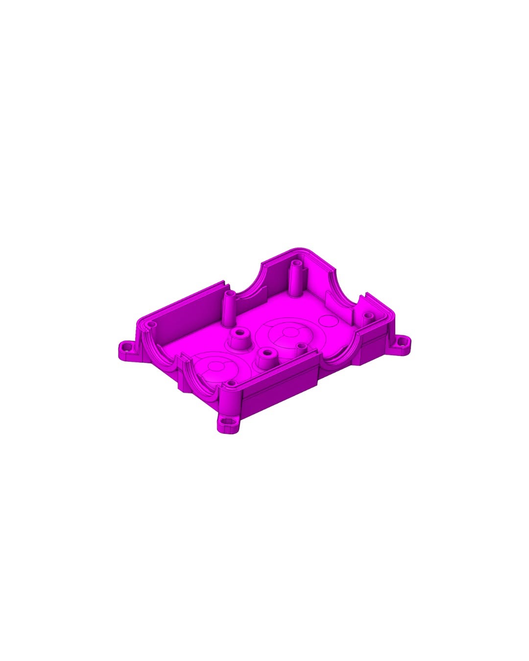 Magenta-colored CAD model of a rectangular mechanical housing with mounting flanges and circular recesses