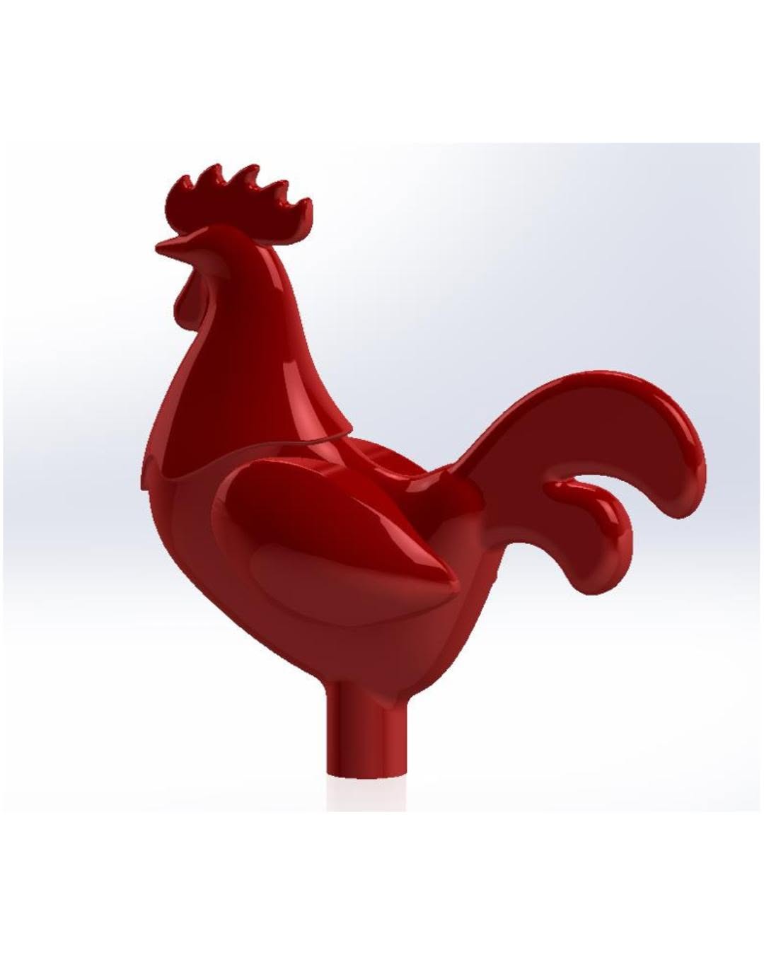 Glossy red 3D CAD model of a rooster-shaped part with a cylindrical sprue at the base, designed for plastic injection molding