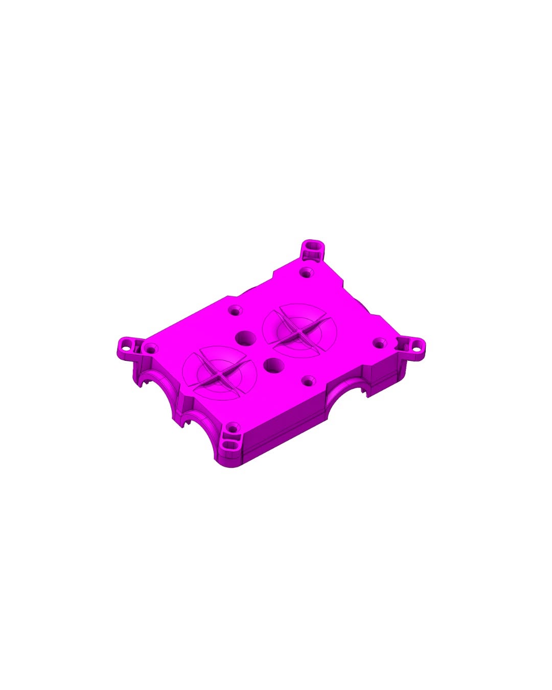 Magenta-colored 3D CAD rendering of a rectangular mechanical housing with circular pockets and through-holes