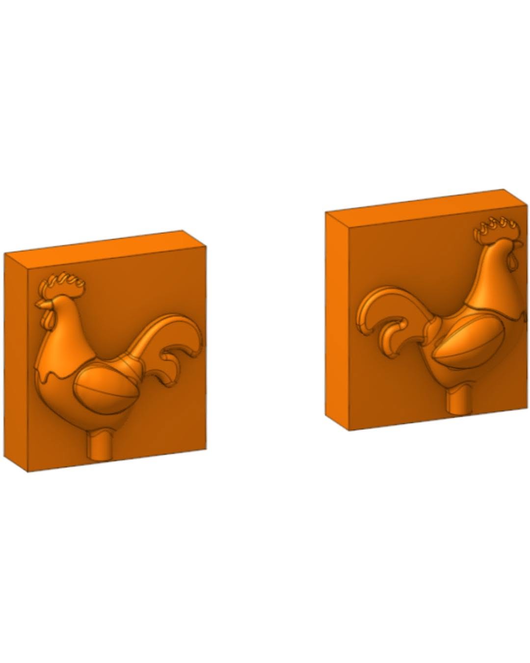 Digital CAD model of an orange rectangular block featuring a raised rooster relief design