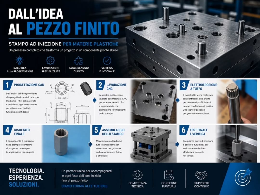 Industrial scene showing CAD design, CNC milling, and EDM machining of a plastic injection mold