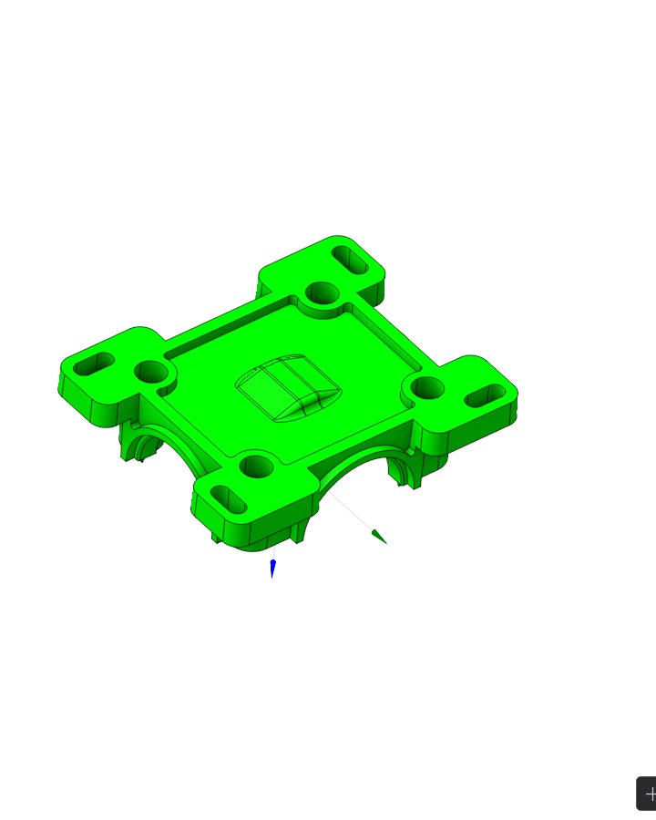 Green bracket-shaped CAD model with four mounting pads and central raised feature