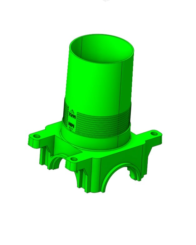 3D CAD rendering of a cylindrical mechanical part with external screw threads and a rectangular mounting flange with bolt holes
