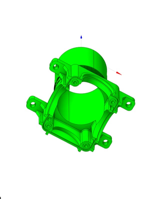 Bright green CAD model of a cylindrical housing with four mounting flanges and gussets, displayed on a white background with X-Y-Z orientation arrows