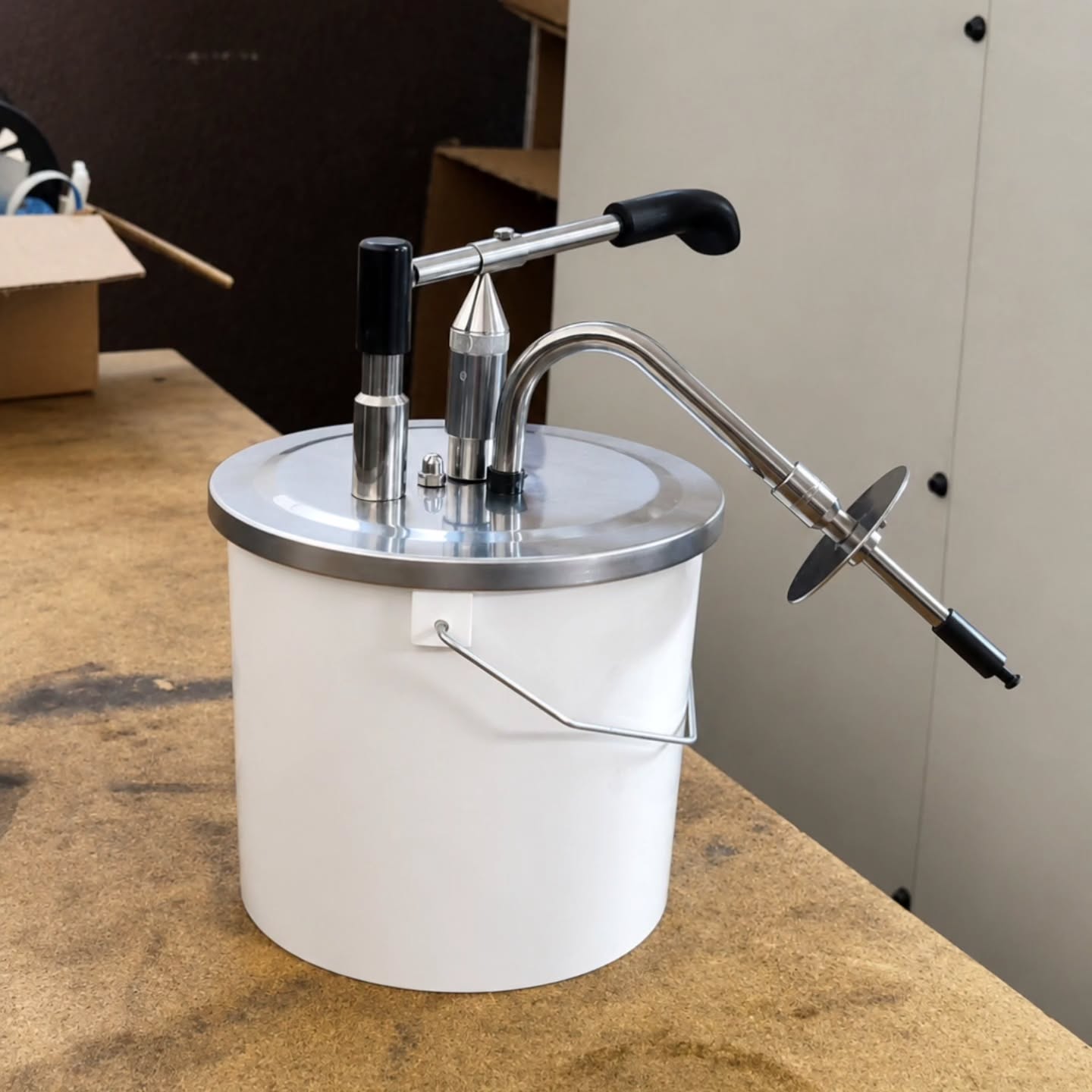 White five-gallon bucket with stainless-steel lid and metal fittings on workshop bench