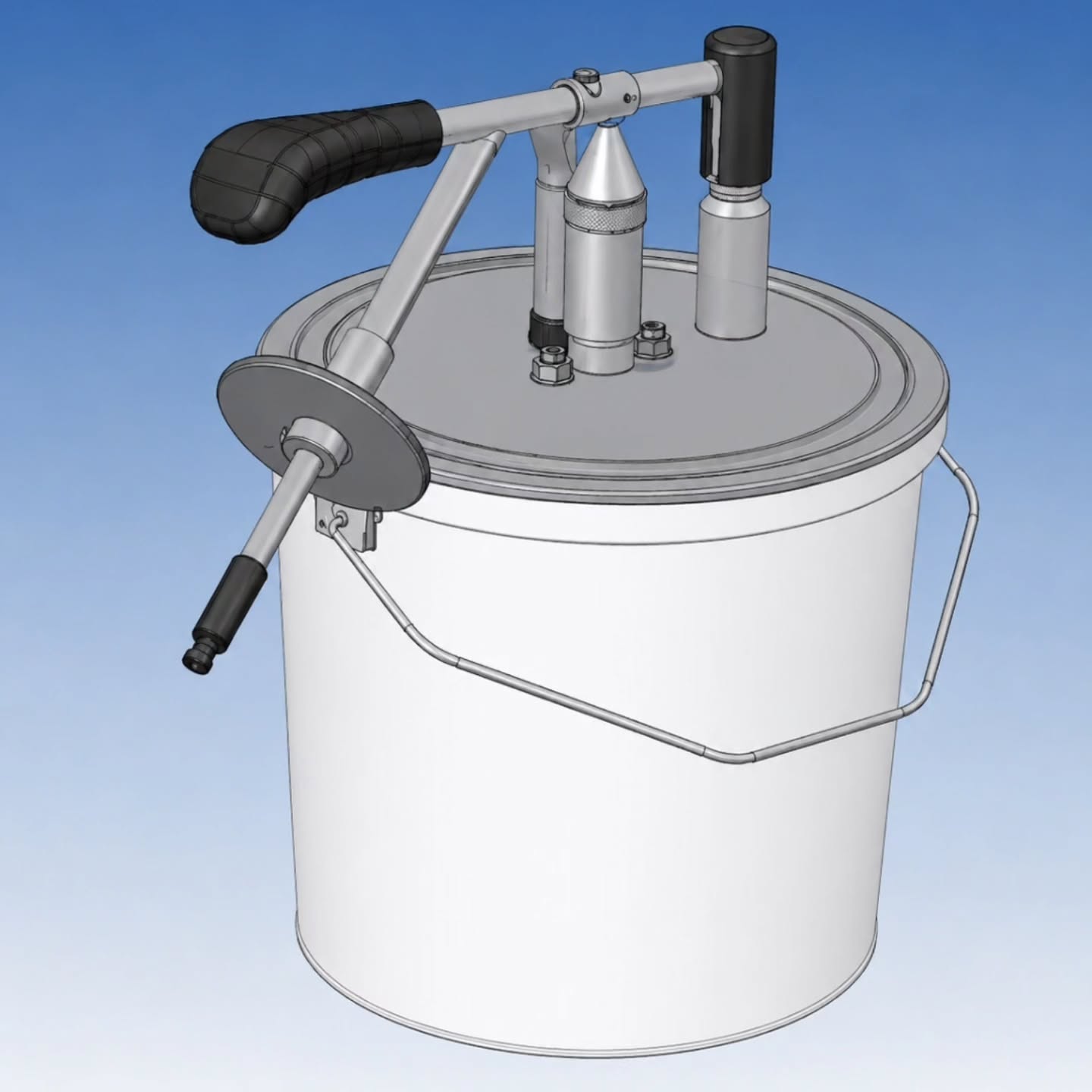 CAD rendering of a manual grease pump mounted on a five-gallon pail lid with a lever handle and dispensing spout