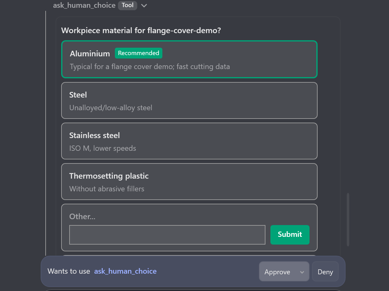 Close-up of an ask_human_choice tool call card: workpiece material options with a Recommended default and Approve and Deny controls.