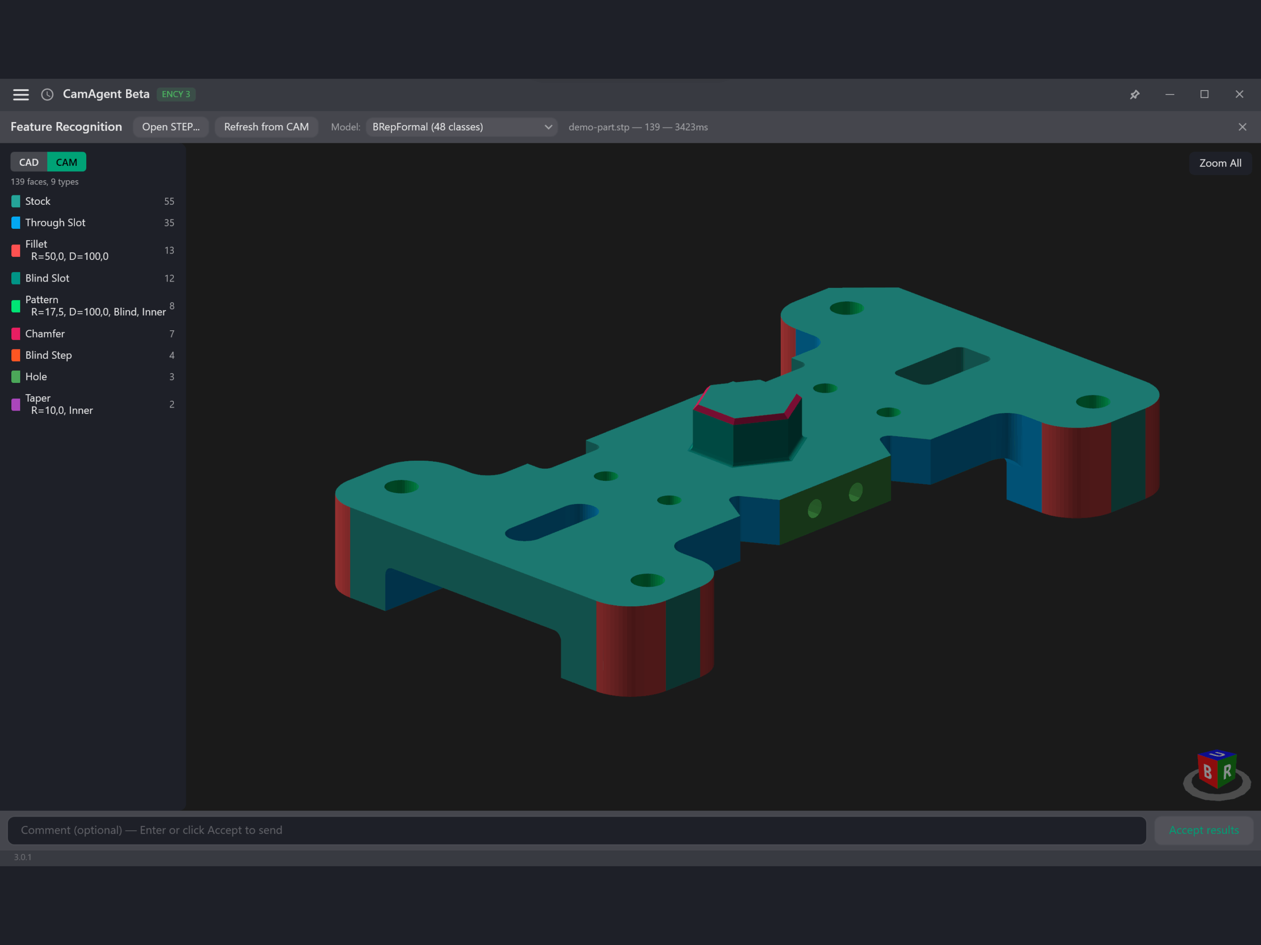 Built-in 3D viewer showing a machined plate coloured by feature type — through slots, blind slots, fillets, patterns, chamfers, holes and steps — with the CAD/CAM toggle set to CAM.