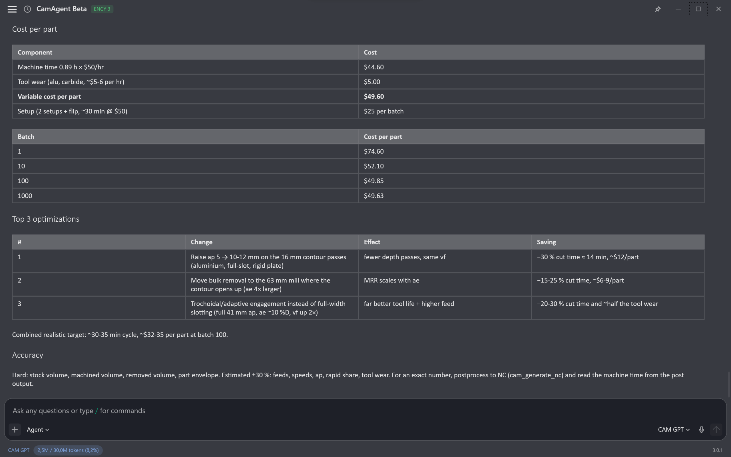 CamAgent chat: cost per part table with machine time, tool wear, setup and batch pricing, followed by Top 3 optimizations with time and savings estimates.