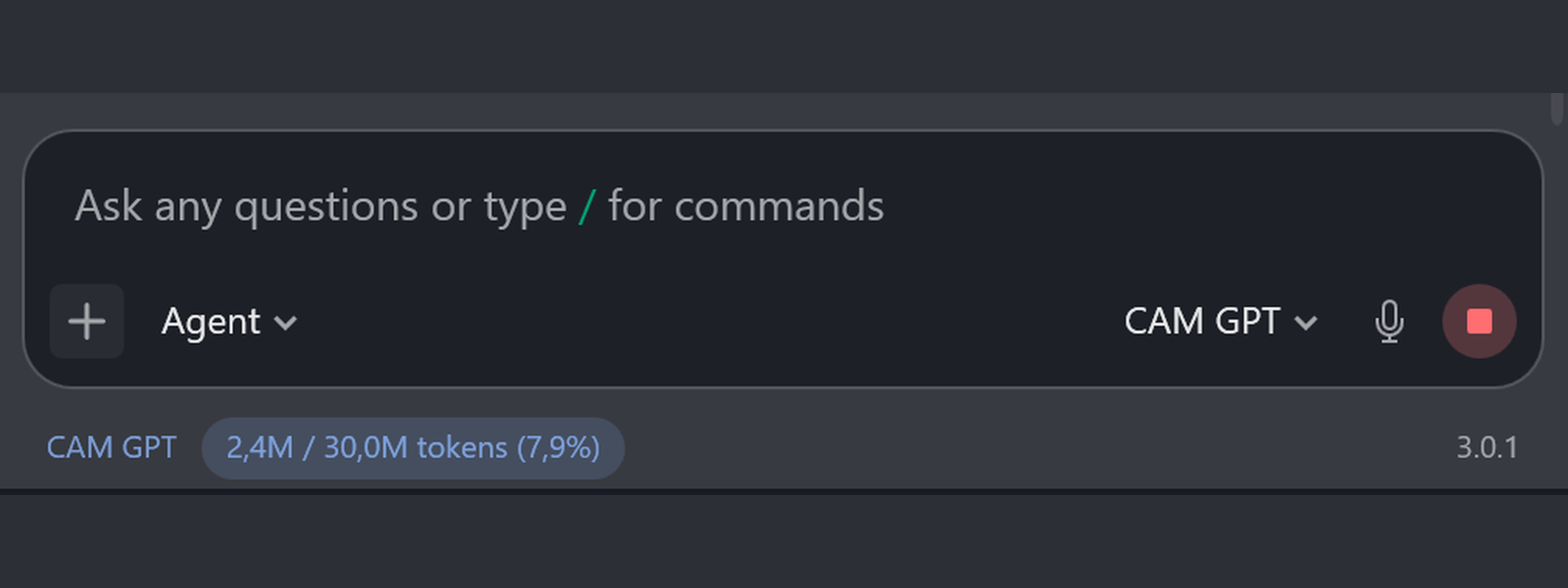 CamAgent input bar with Agent mode selector, model selector, voice input and token usage indicator.