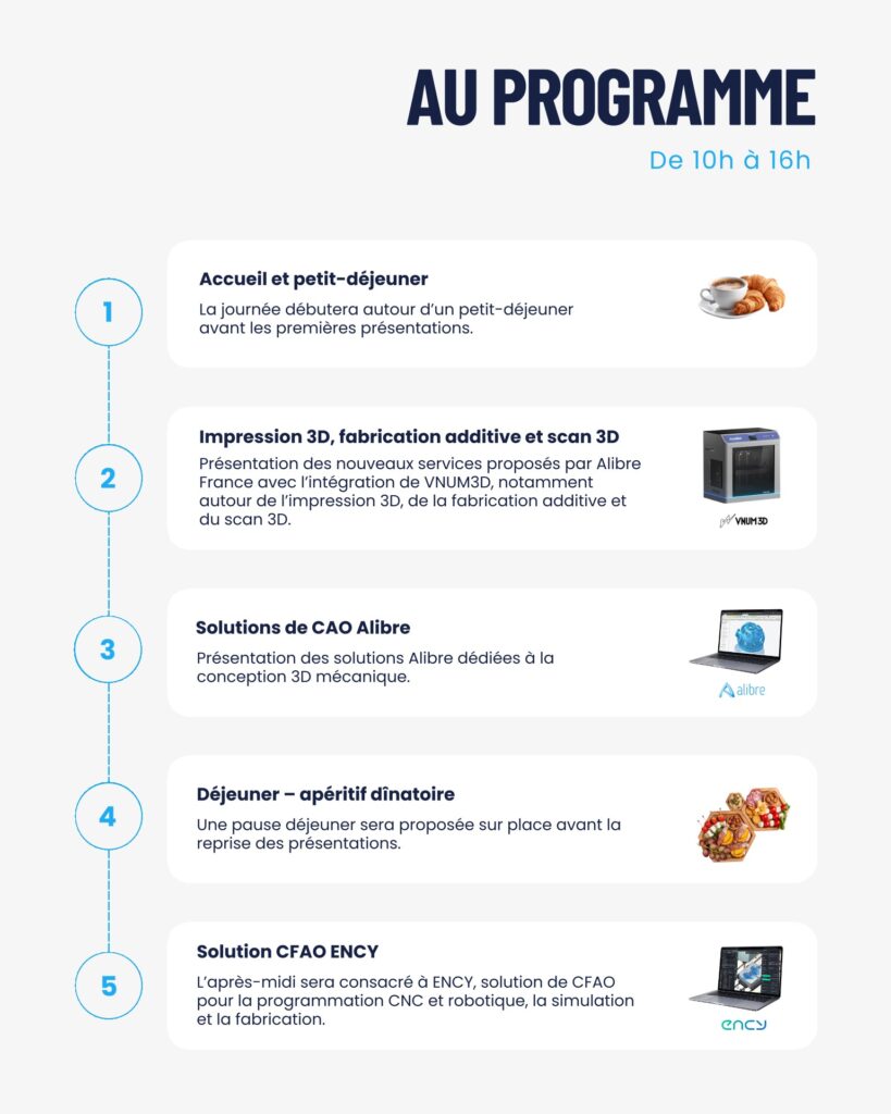 Alibre France Discovery Day program: breakfast, 3D printing, Alibre CAD, lunch, ENCY CAM